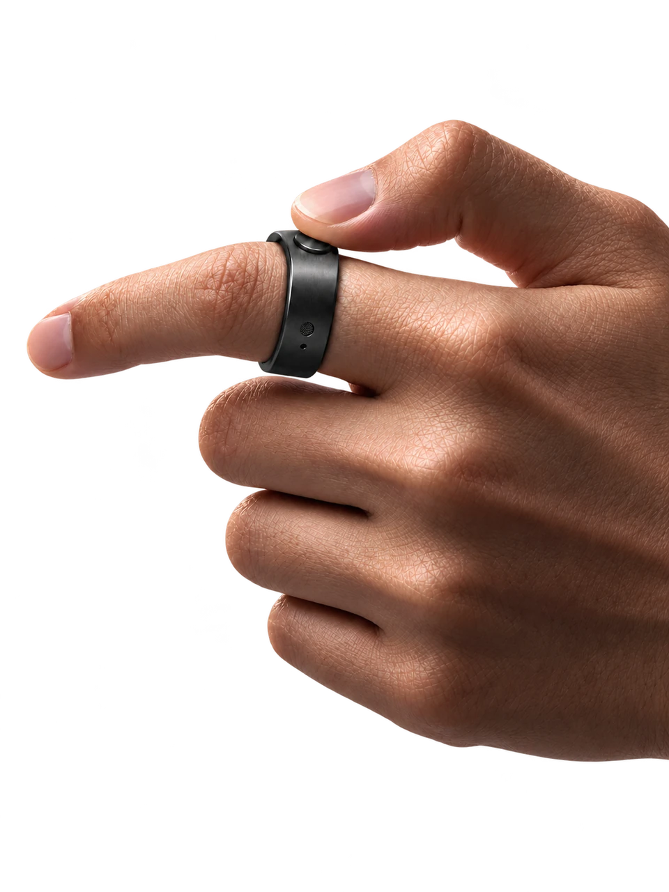 A finger wearing the black Secondly ring, with the thumb on its button.