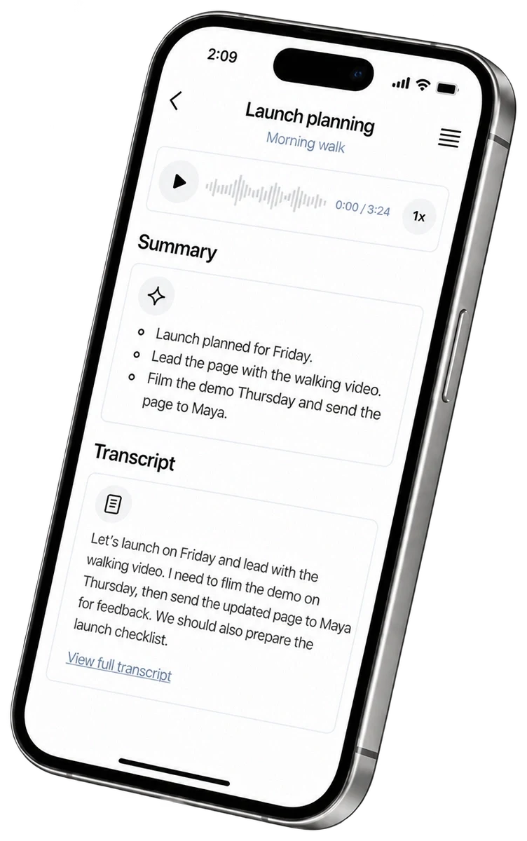 A saved recording in the Secondly app, with a launch-planning summary and transcript.