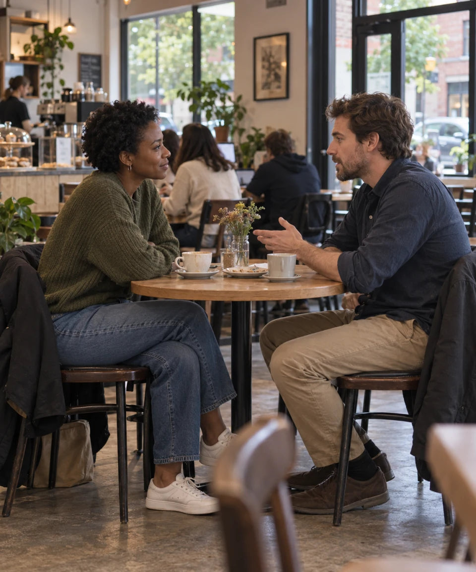Illustrative scene: two friends talk across a cafe table.