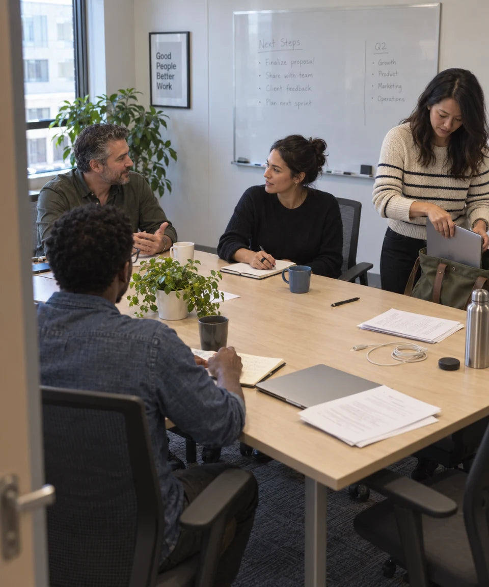 Illustrative scene: four colleagues wrap up a meeting around an office table.