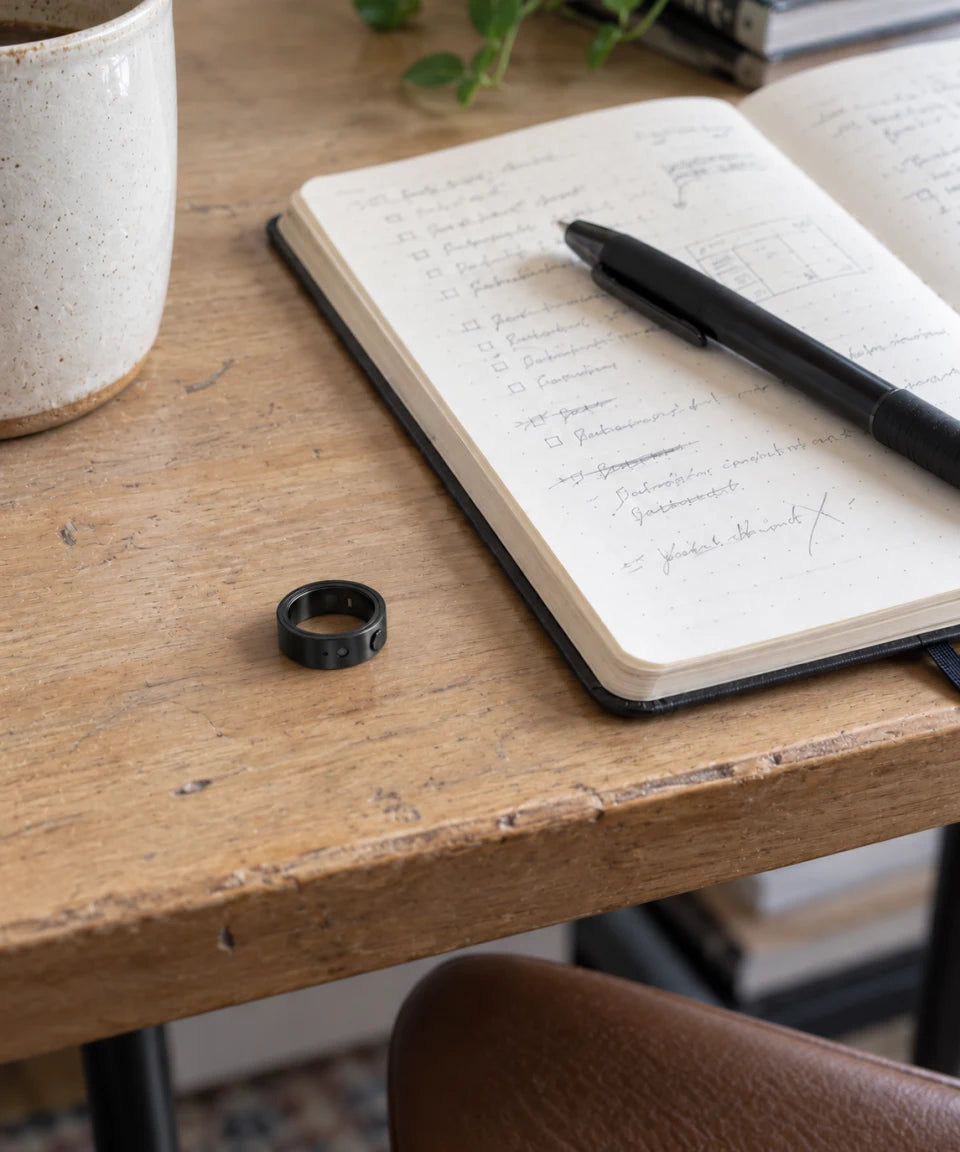 Illustrative close-up: the Secondly ring rests beside a notebook and pen on a desk.