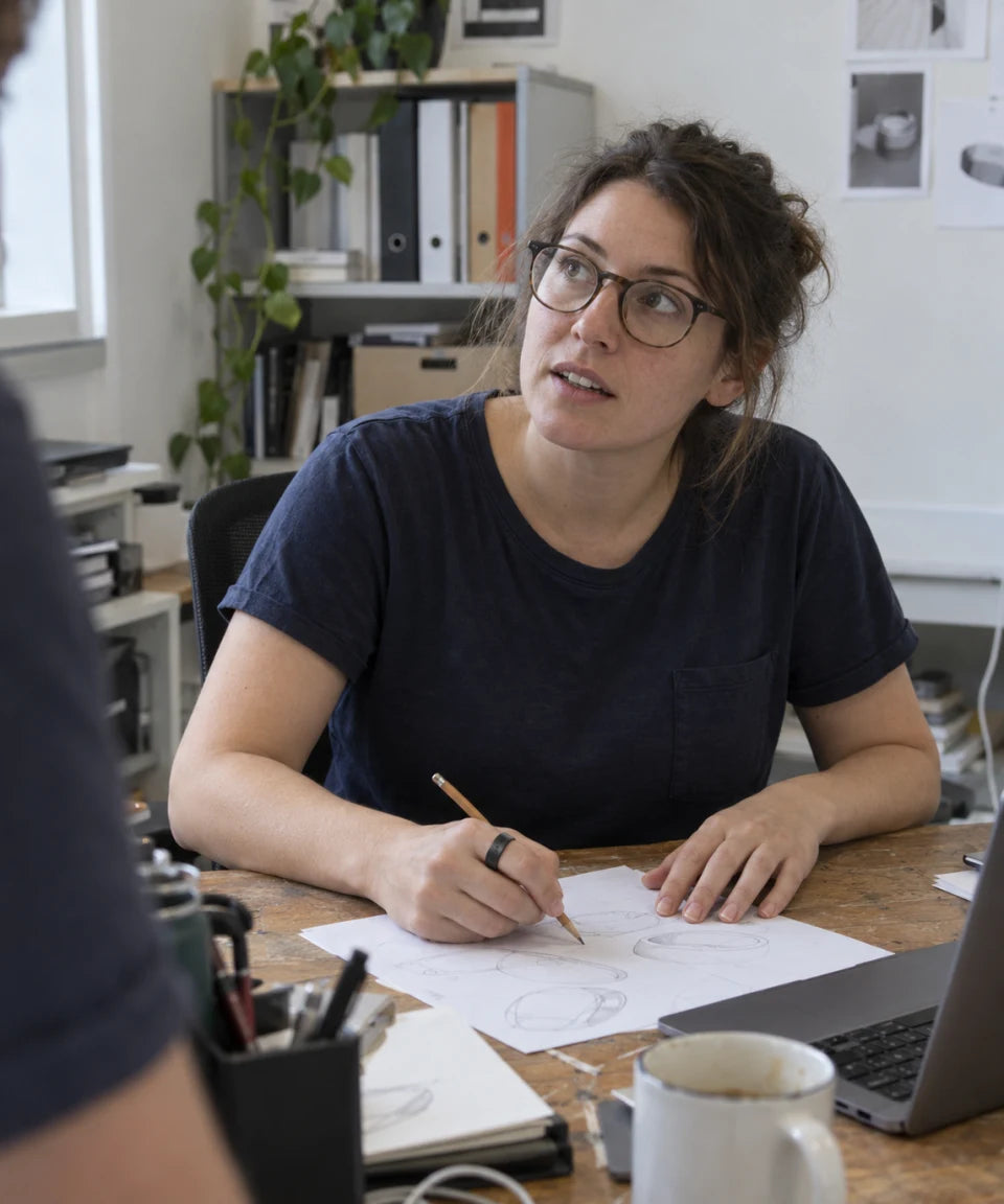 Illustrative scene: a woman wearing the Secondly ring works on a pencil sketch at her desk.