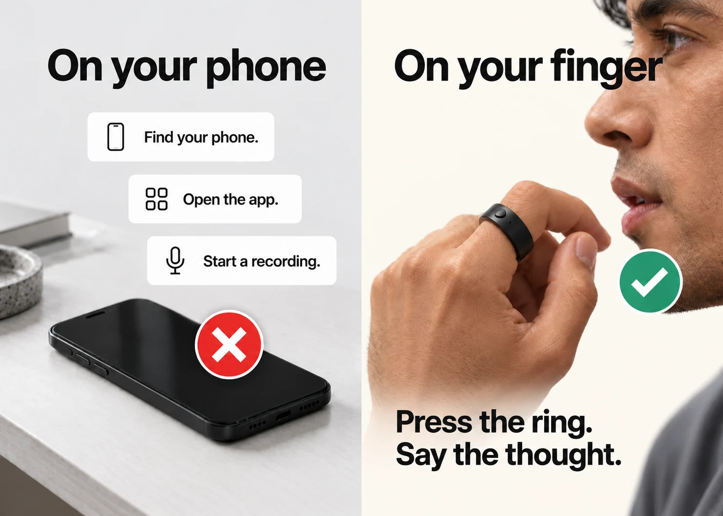 A red X marks the phone workflow: Find your phone. Open the app. Start a recording.